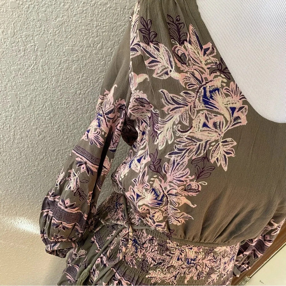 Free People Moonlight Drive Dress in Green Combo Mini Smocked Waist V Neck: XS - Picture 3 of 13